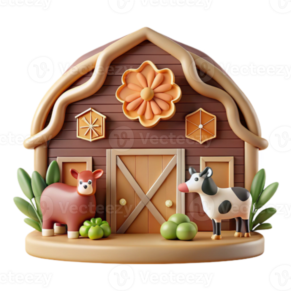 Charming Render of a Farm Barn with Cows and Plants png