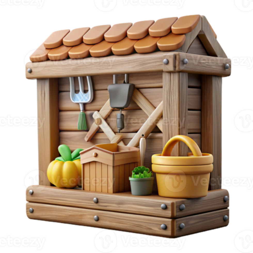 Charming Wooden Shed Illustration Garden Tools Pumpkins Plants png