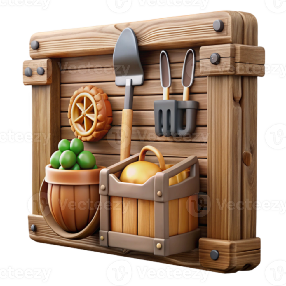 Wooden Panel Illustration Gardening Tools, Produce, and Rustic Charm png