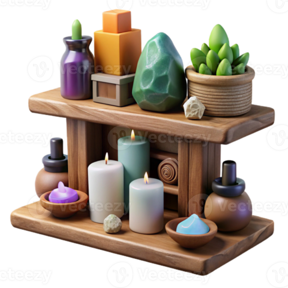 Serene Spa Scene Illustration Wooden Shelf with Candles, Crystals, and Succulents png