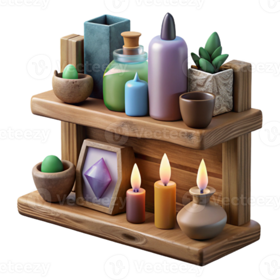 Wooden Shelf Render with Candles, Crystals, and Potions png