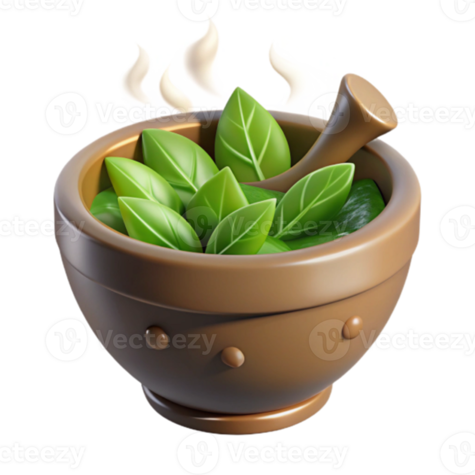 Render of Green Leaves in Mortar and Pestle png