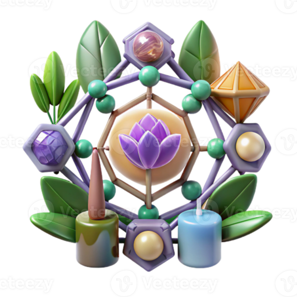 Render Purple Lotus Mandala with Crystals and Candles Illustration png