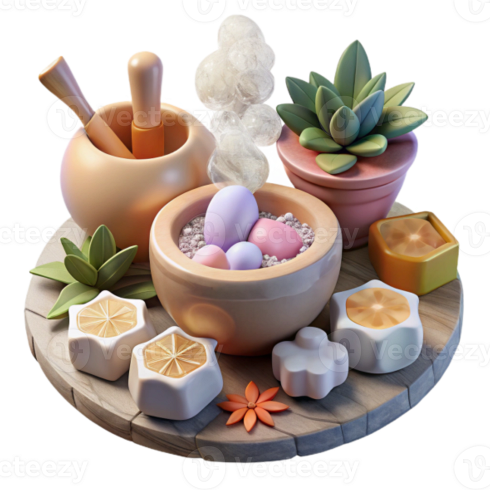 Whimsical Render of a Spa-like Scene with Succulents, Pastel Eggs, and Wooden Accents png