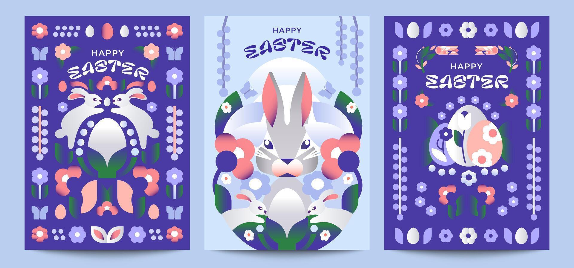 Happy Easter. 3 illustrations in Scandinavian style. Decorative symmetrical design with bunnies, Easter eggs and bunch of flowers. Gentle, pastel palette. Ideal for flyers, branding, posters and more vector