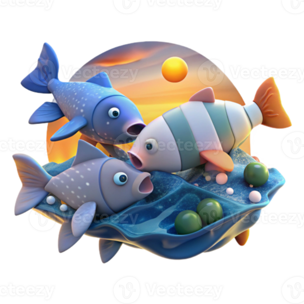 Three Cute Cartoon Fish Illustration Sunset Background png