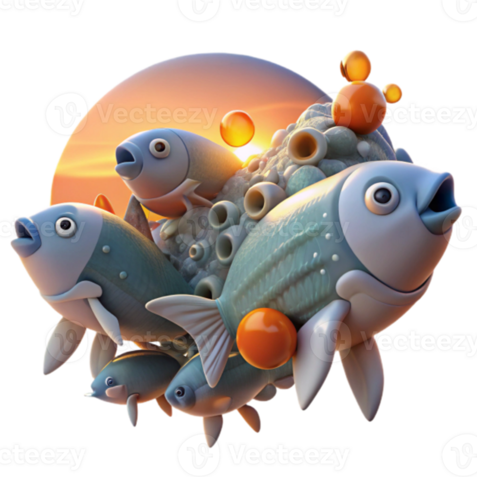 Illustration of Cartoon Fish in Coral Reef at Sunset png