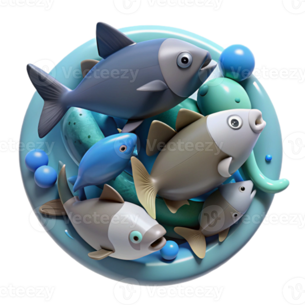 Whimsical Render of Playful Fish in a Circular Composition png