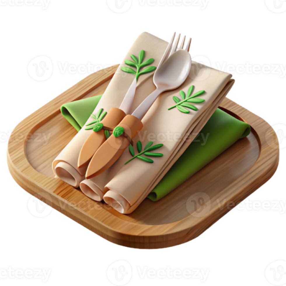Eco-Friendly Table Setting Illustration Wooden Tray, Beige Napkins, and Sustainable Cutlery png