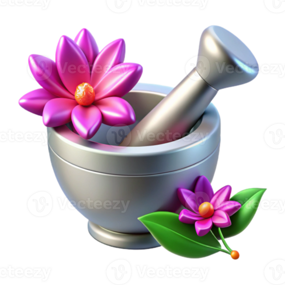 Render of Silver Mortar and Pestle with Pink Flowers, Herbal Medicine Illustration png