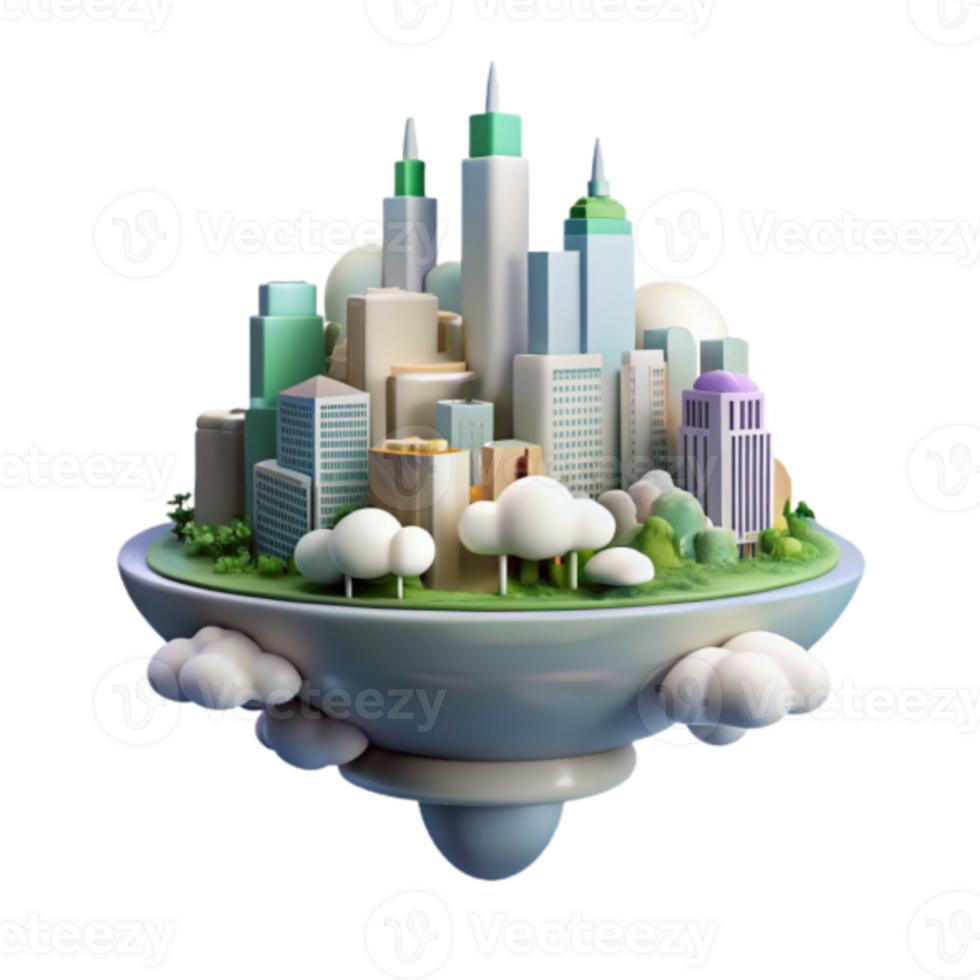 Render Cityscape Island Illustration Green Buildings Cloudscape png