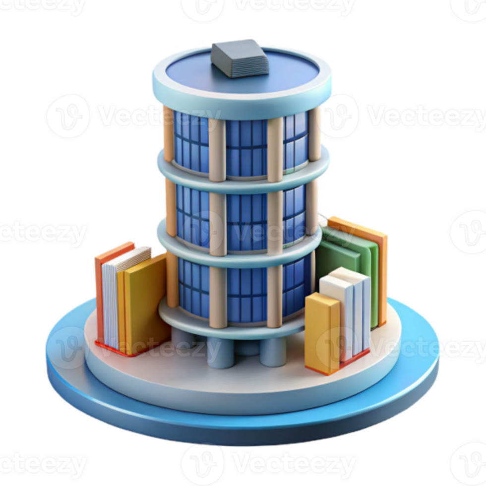 Illustration of a Modern Library Building with Stacked Books png