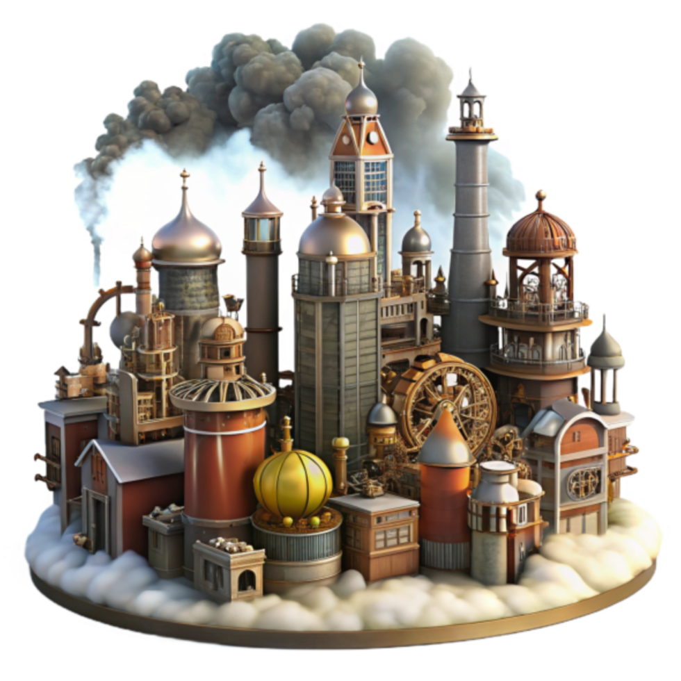 Steampunk Cityscape Render Illustration A Whimsical Industrial Town in the Clouds png