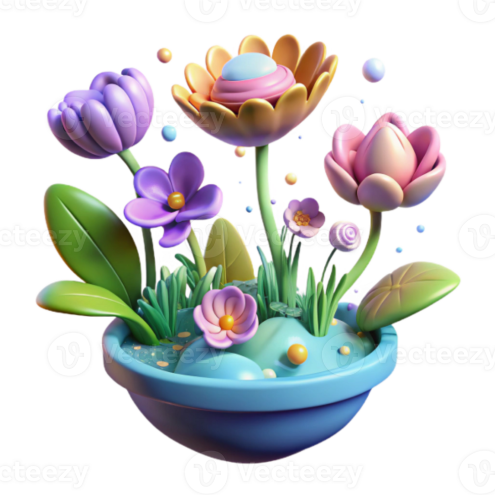 Whimsical Render of Colorful Flowers in a Bowl png