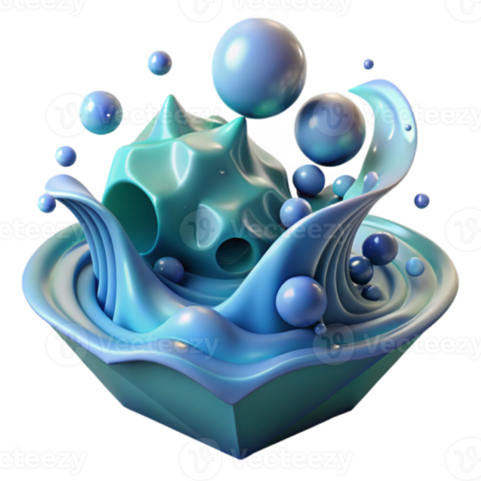 Abstract Render of Teal Liquid Splash with Floating Spheres png