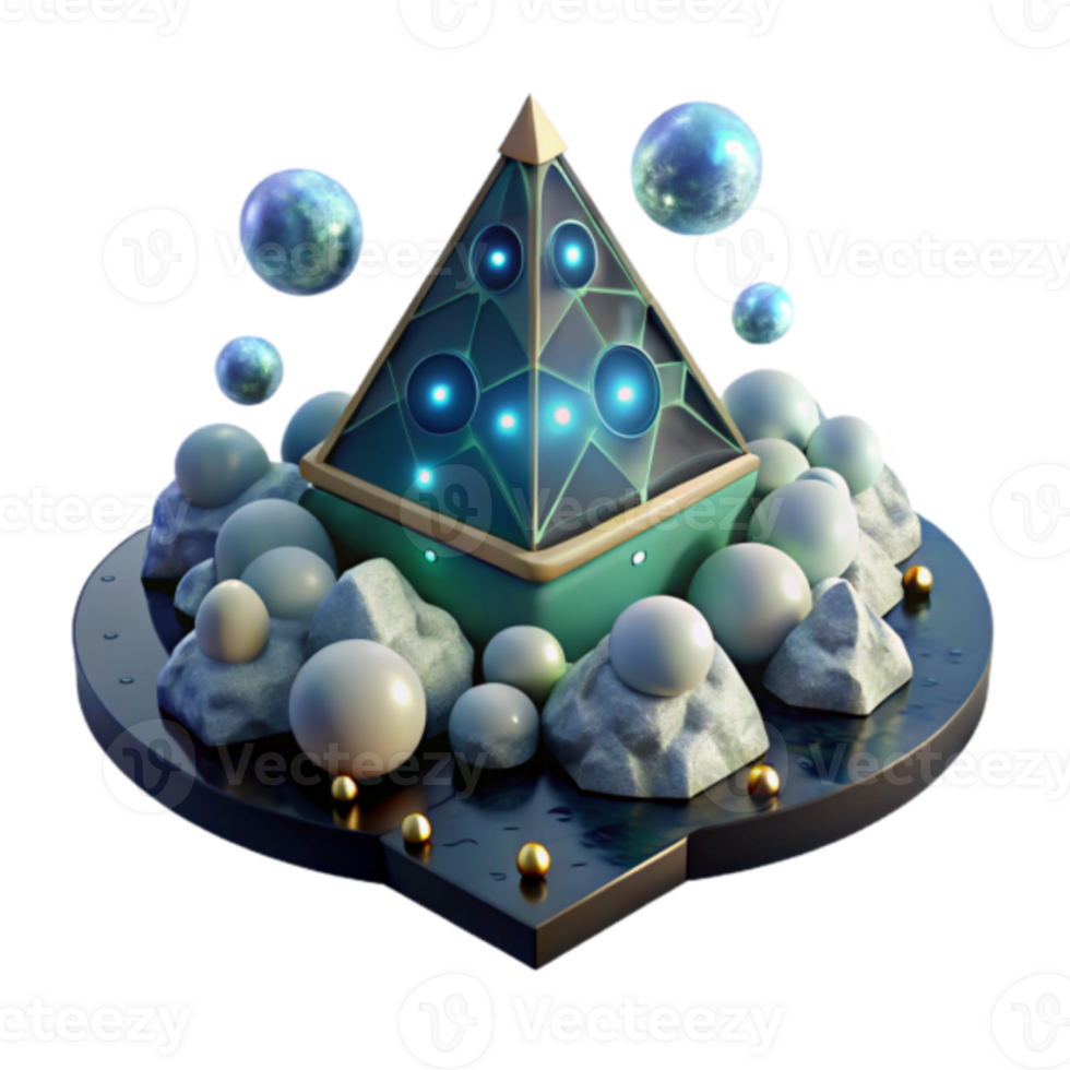 Render Mystical Pyramid Icon with Glowing Lights and Floating Spheres png