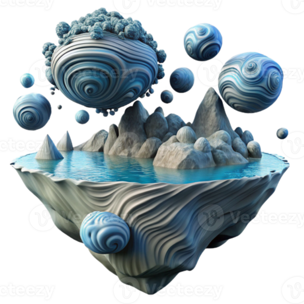 Whimsical Render of Floating Island with Swirling Blue Spheres and Mountains png