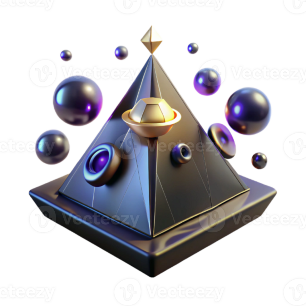 Abstract Pyramid with Floating Spheres and Geometric Shapes Illustration png