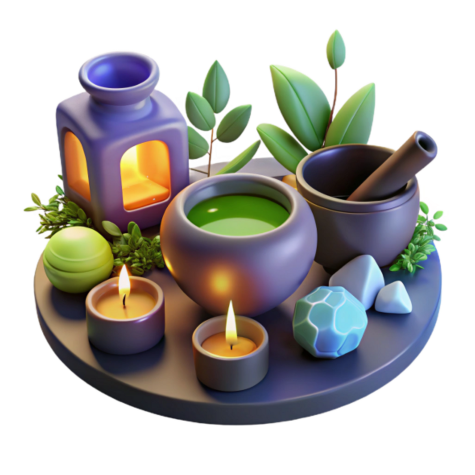Serene Spa Ritual Illustration Candles, Herbs, and Aromatherapy png