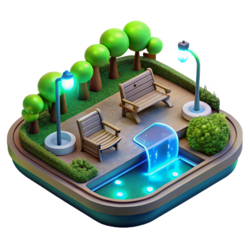Render of a Serene Park at Night Illuminated Benches, Lush Greenery, and a Glowing Fountain png