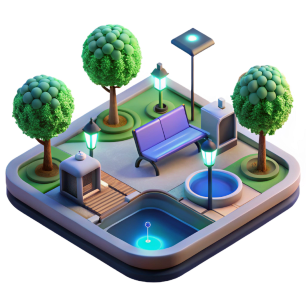 Isometric Park Illustration Night Scene Lush Green Trees Bench Pond Lights png