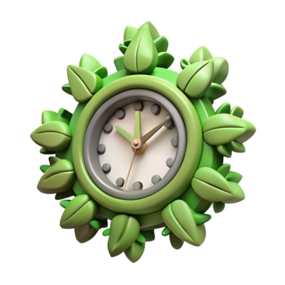 Green Clock Illustration with Leaves Eco-Friendly Timepiece Design png