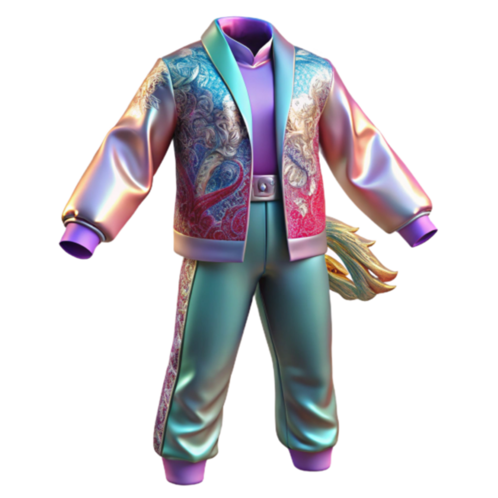 Iridescent Model of a Fashionable Outfit with Intricate Paisley Jacket and Pants png