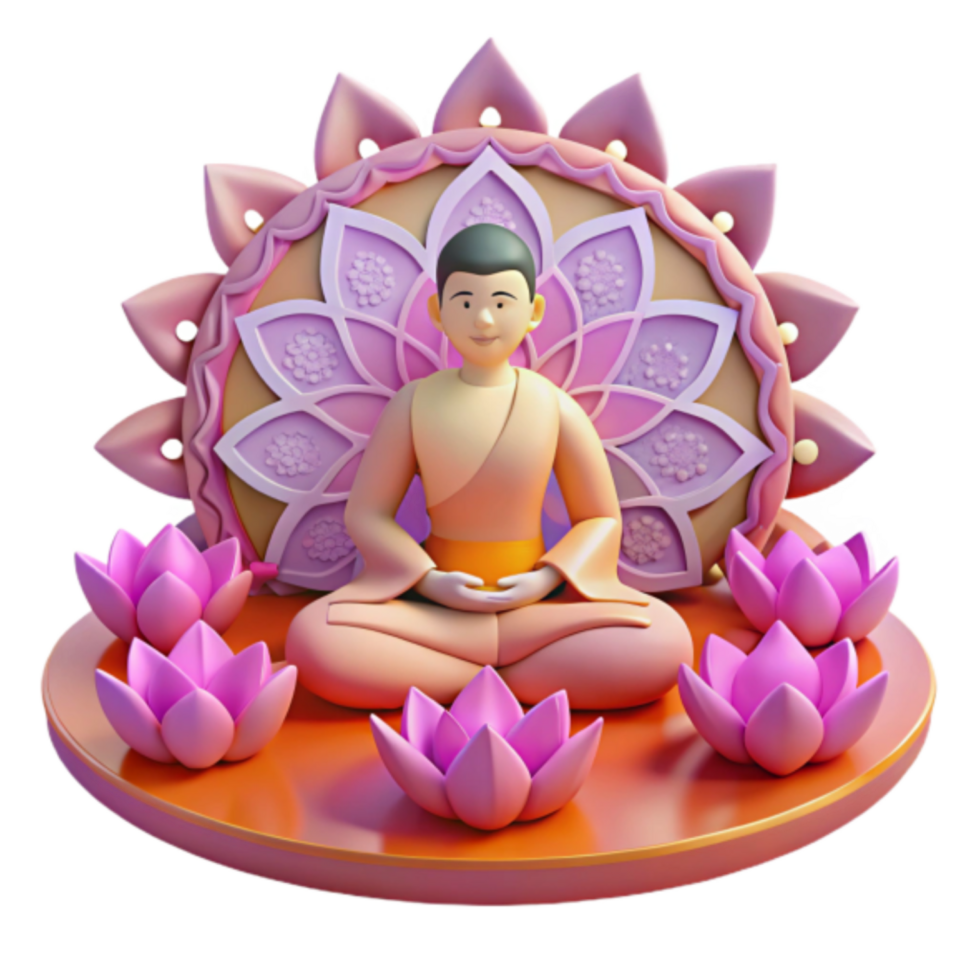 Serene Render of Buddha in Lotus Position, Mandala Backdrop, Pink Lotus Flowers png