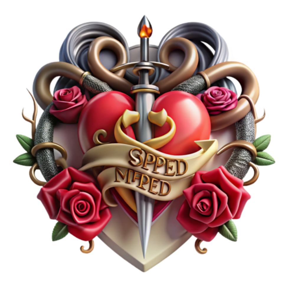 Illustration of a Heart with Dagger Roses and Serpent Tattoo Design png