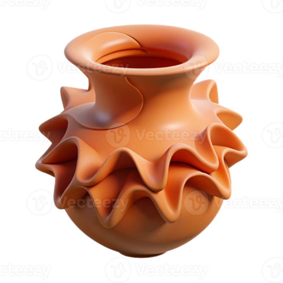 Render of Elegant Orange Pottery Vase with Ruffled Design png