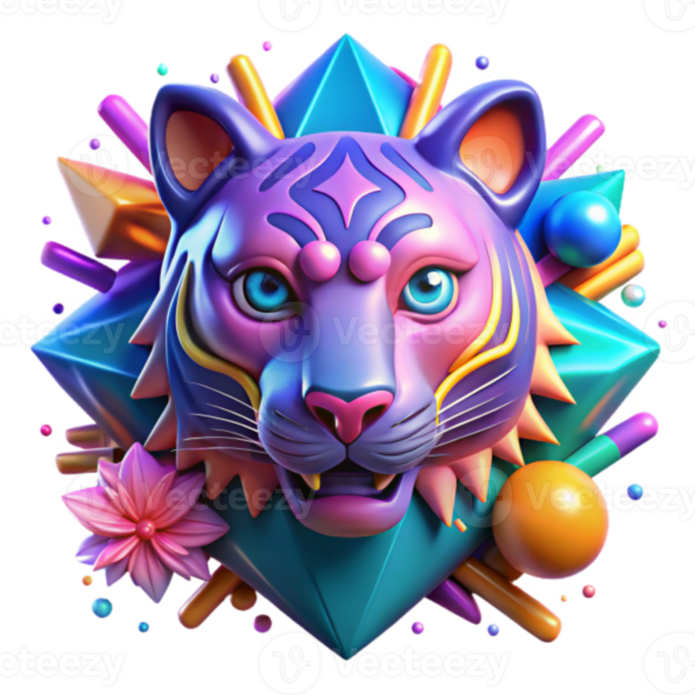Vibrant Render of a Tiger Head with Geometric Abstract Background png