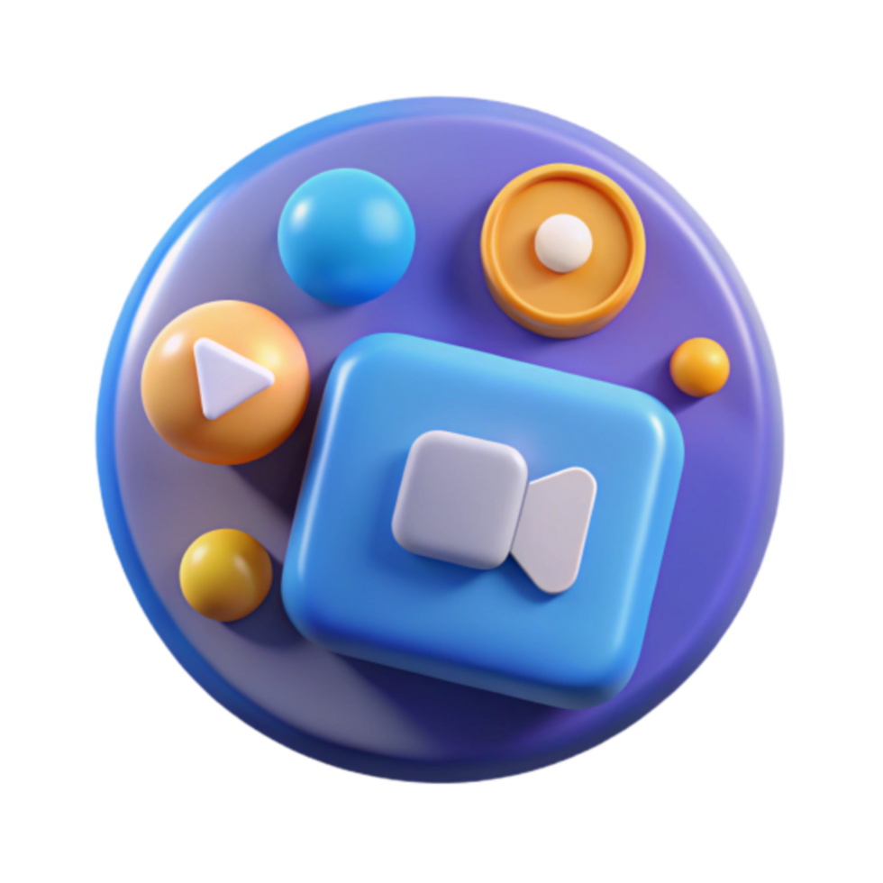 Render of Conferencing App Icon with Play Button and Colorful Spheres png