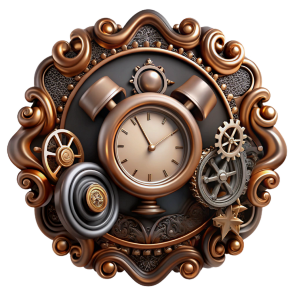 Ornate Clockwork Illustration Steampunk-Inspired Timepiece with Intricate Gears and Clock Face png