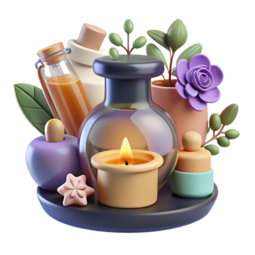 Render Aromatic Spa Still Life, Relaxing Scented Candle, Essential Oils, Herbal Plants png