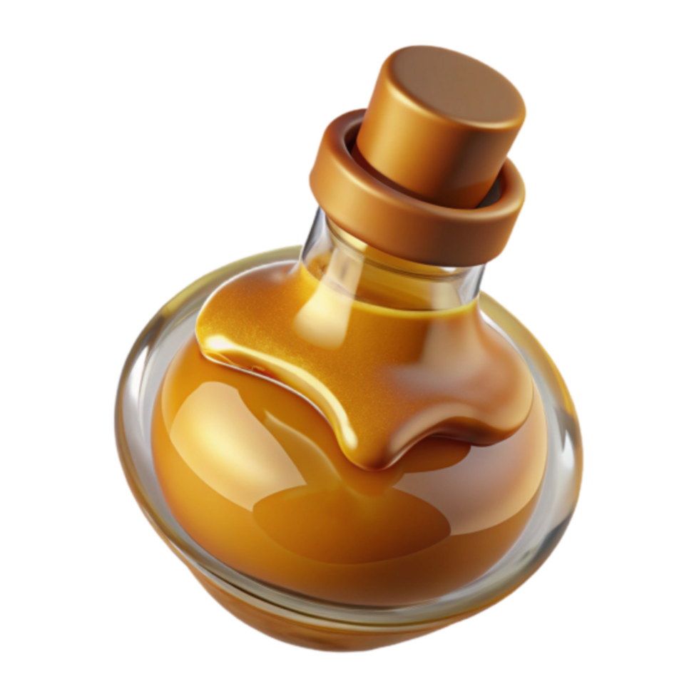 Amber Liquid in Glass Bottle 3D Render, Golden Syrup, Honey Pot, Glossy Texture, Realistic Product, Sweet Treat, Digital Illustration, Foodie Image, Delicious Treat, Luxury Bottle png