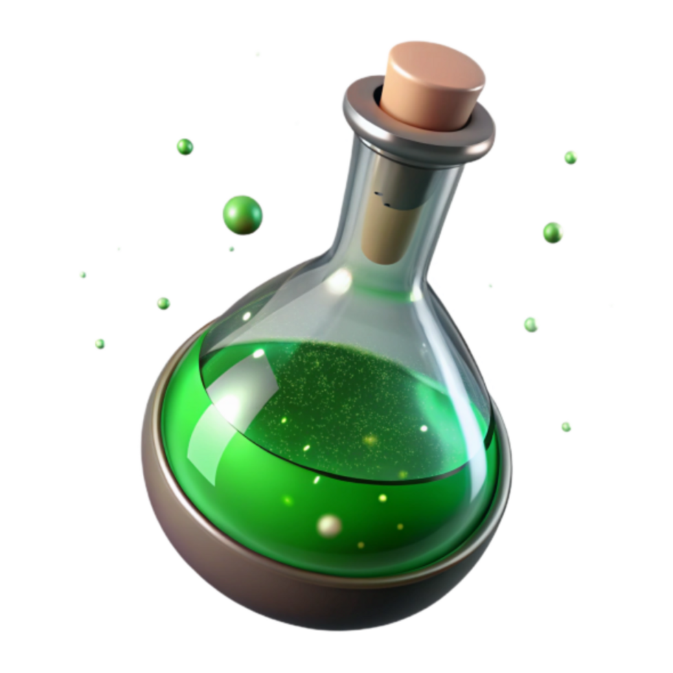 3D Render of a Glass Flask with Green Liquid and Sparkling Particles png