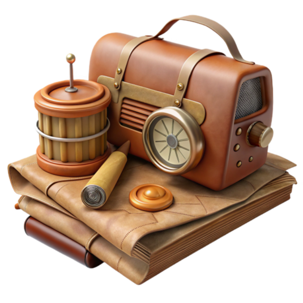 Vintage Radio with Antique Objects 3D Illustration png