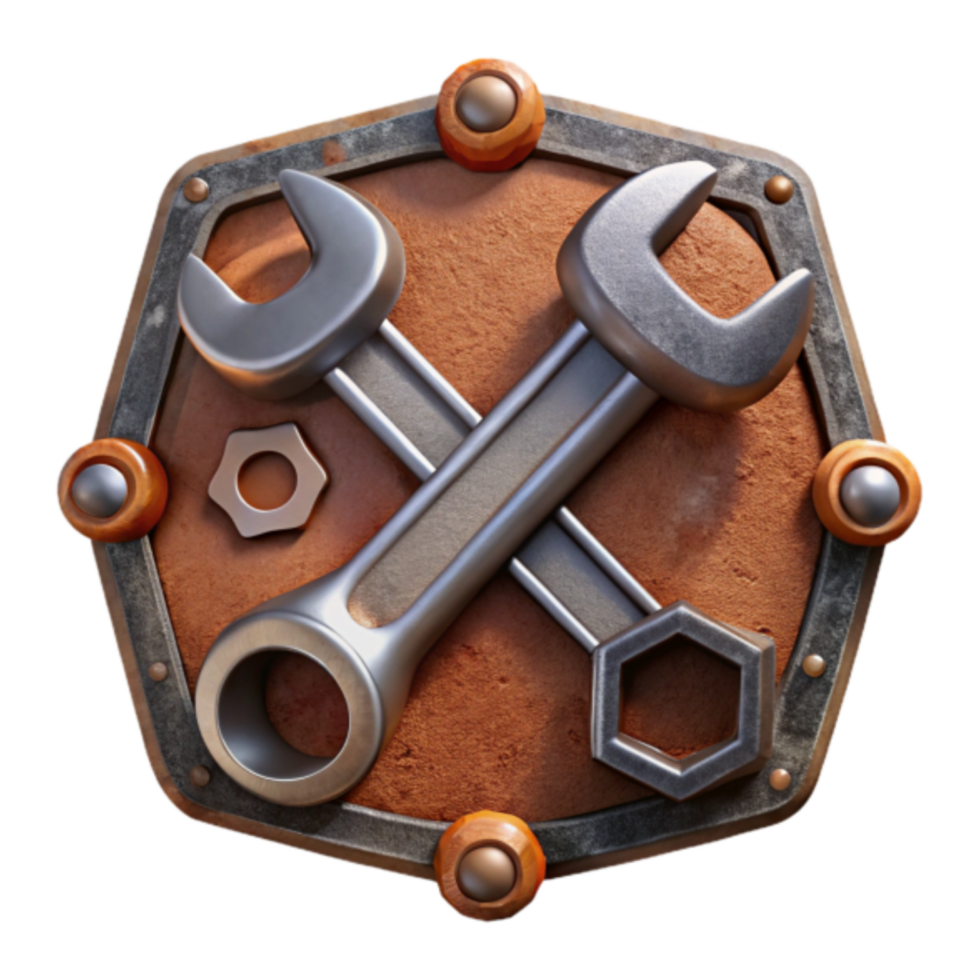 3D Render of Rustic Metal Wrench Icon on Shield Background png