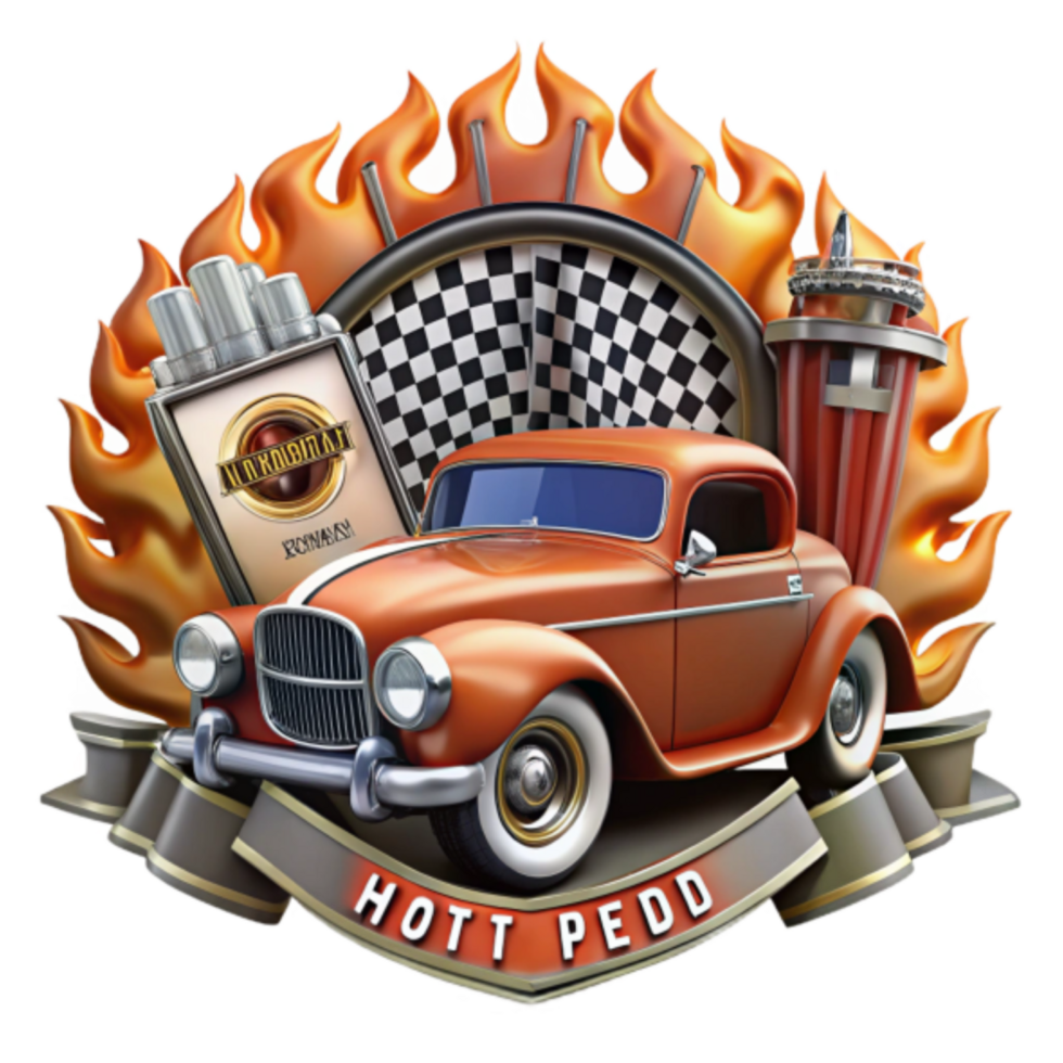 Vintage Hot Rod Classic Car 3D Illustration with Flames and Checkered Flag Background png