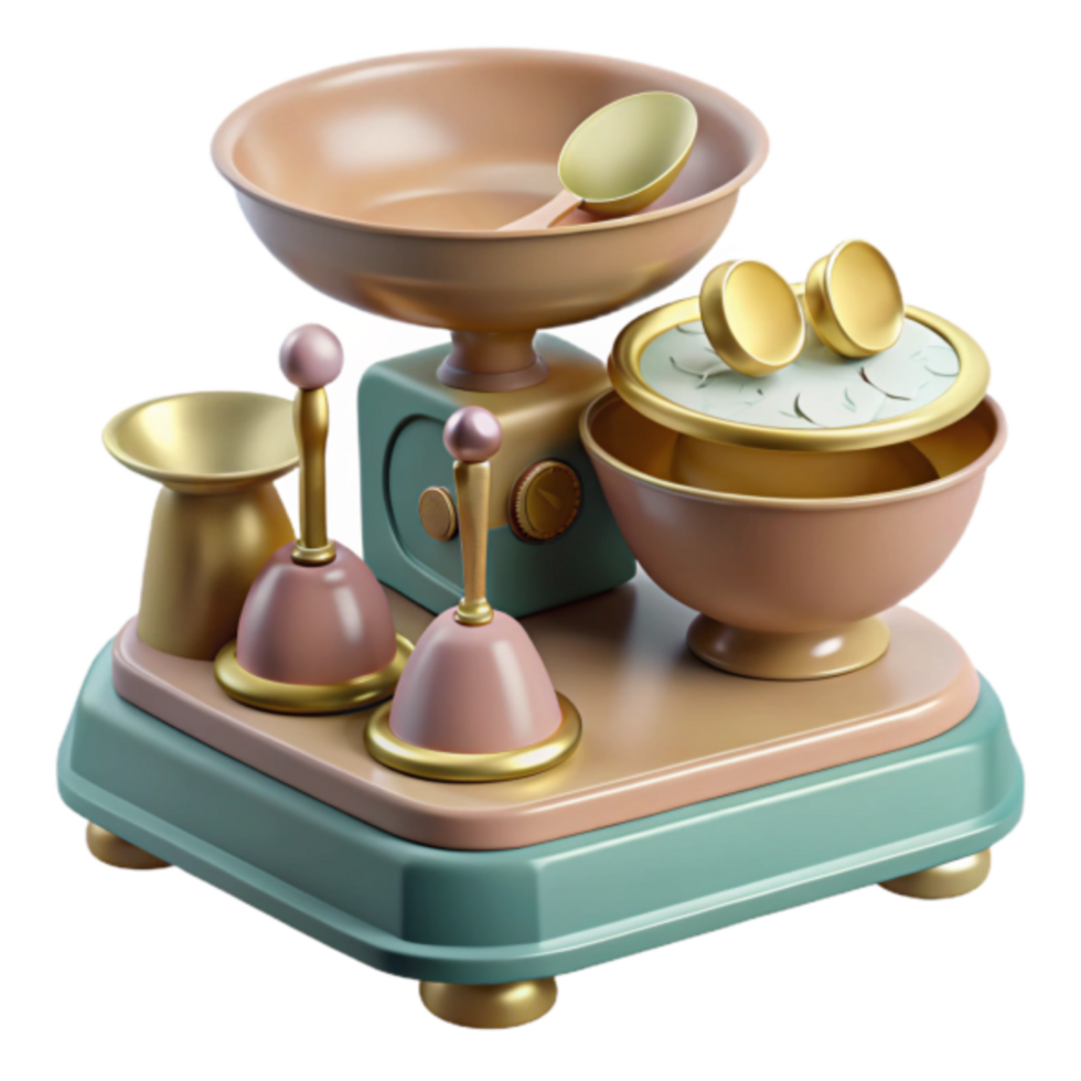 Pastel 3D Render of a Vintage Kitchen Scale with Bowls and Bells png