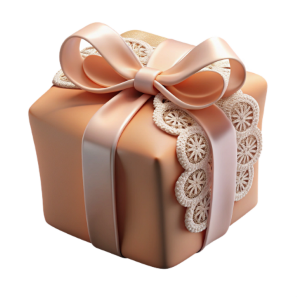 Peach Gift Box 3D Render Satin Ribbon Lace Festive Present png