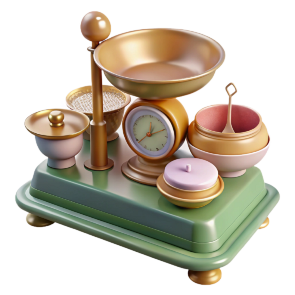 Whimsical 3D Render of Antique Kitchen Scale with Bowls and Clock png