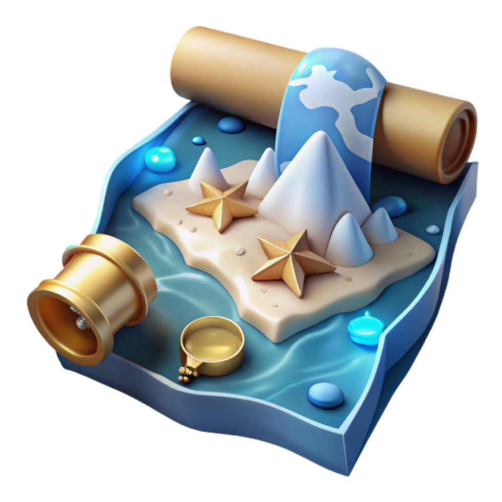 3D Render of Treasure Map Island Scene with Gold Compass and Stars png