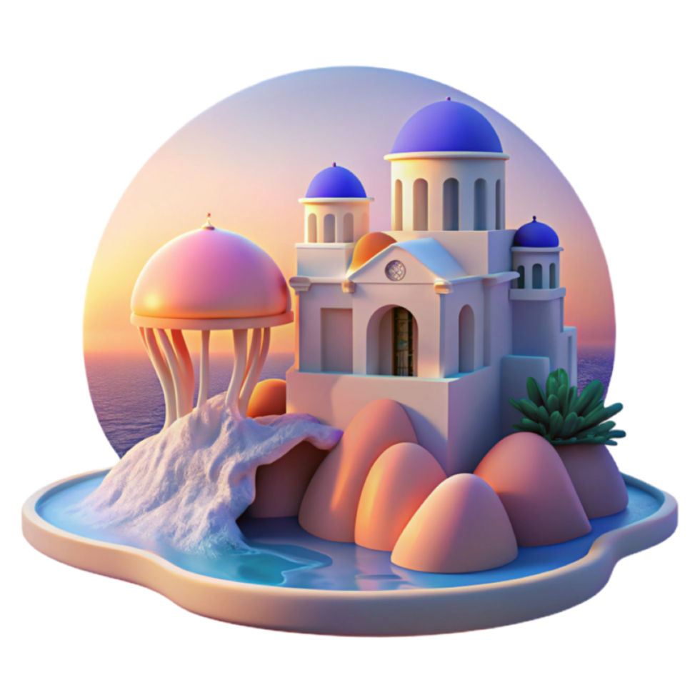 Whimsical 3D Render of Coastal Mediterranean Architecture at Sunset png