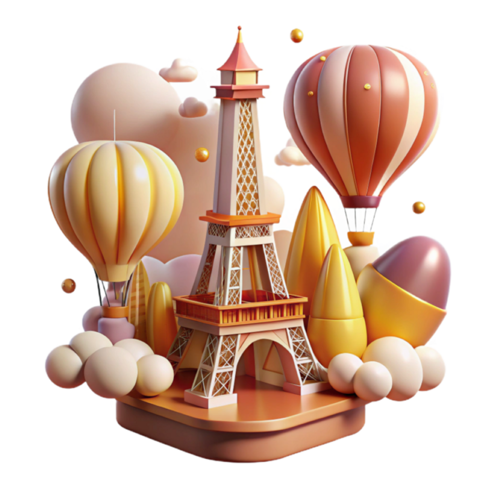 3D Render Eiffel Tower Hot Air Balloons Illustration Scenic Whimsical png