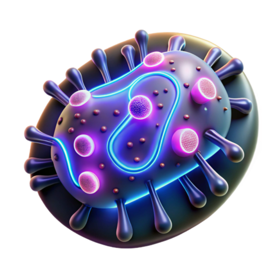3D Render of a Microscopic Virus Particle with Glowing Neon Accents png