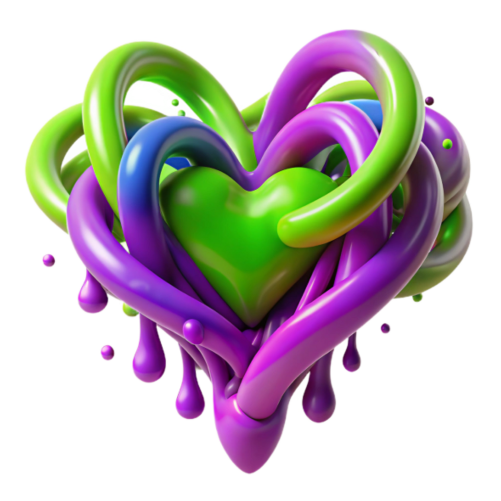 Vibrant 3D Abstract Heart Illustration Green Purple Blue Swirls Dripping Paint Design png