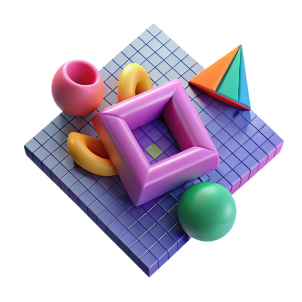 Vibrant 3D Render of Geometric Shapes on Grid Background png