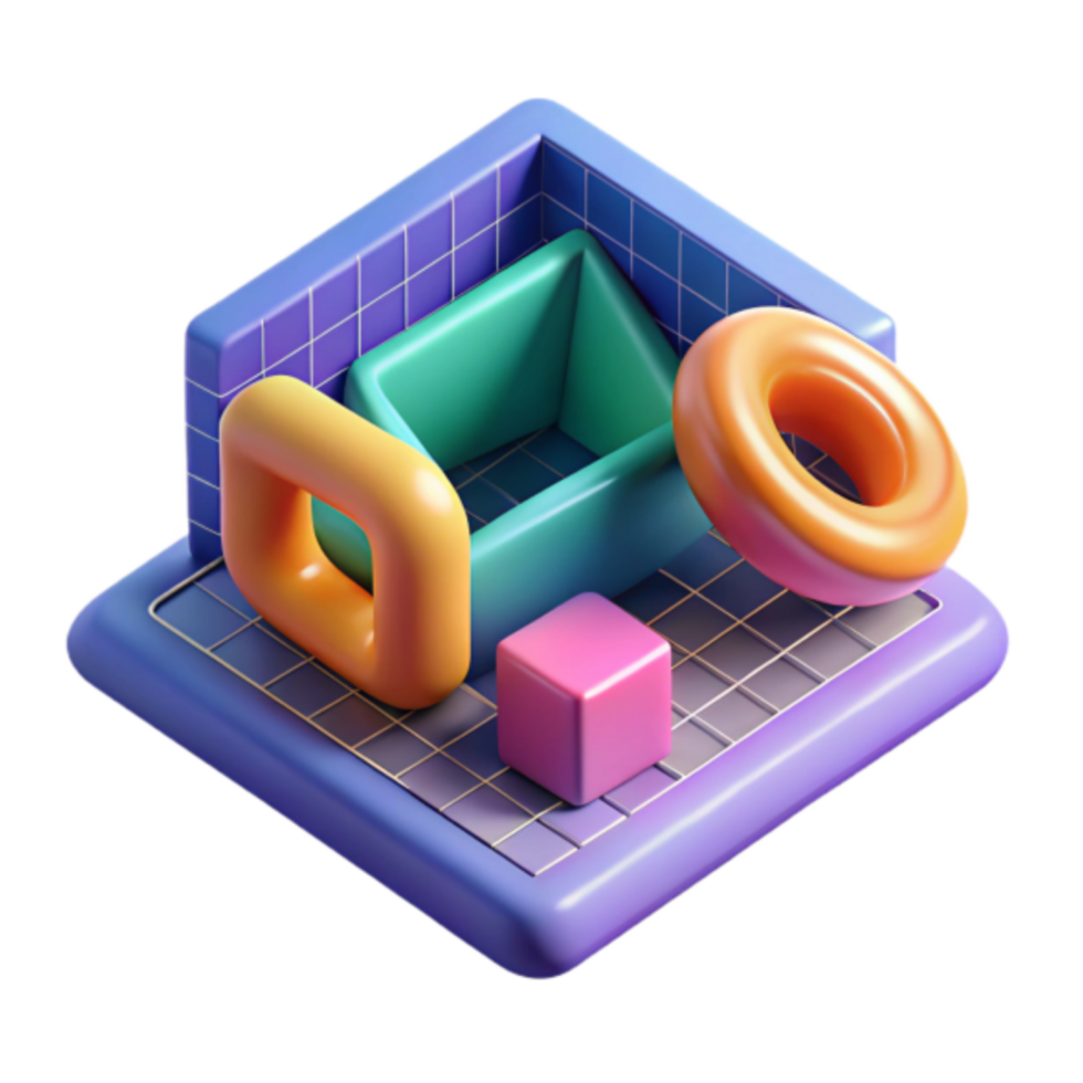 Vibrant 3D Render of Geometric Shapes on a Grid Background png