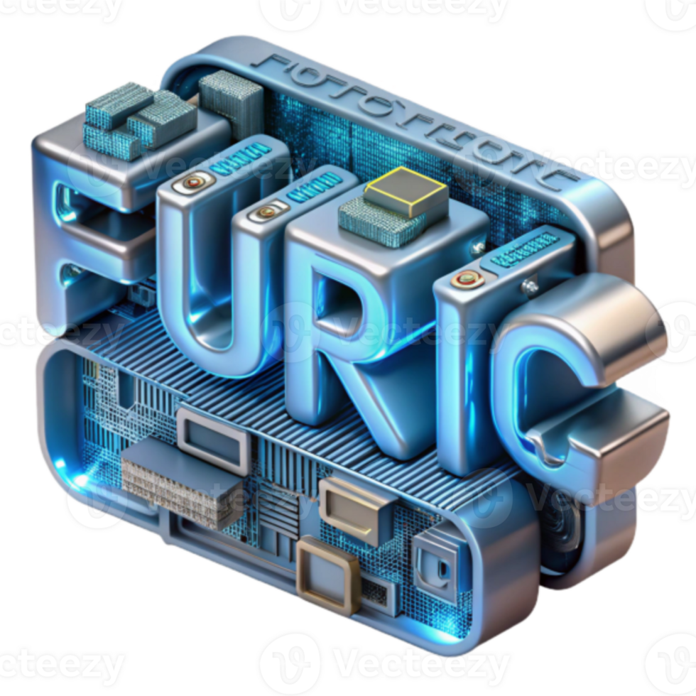 3D Illustration Futuristic Technology, Abstract Blue Metal Text FURIC on Circuit Board Background png
